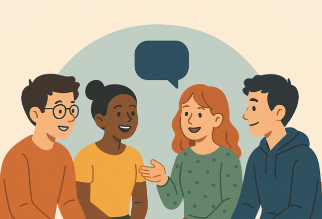 Vier Menschen sitzen Zusammen, unterhalten sich beim Buddy Matching Event
