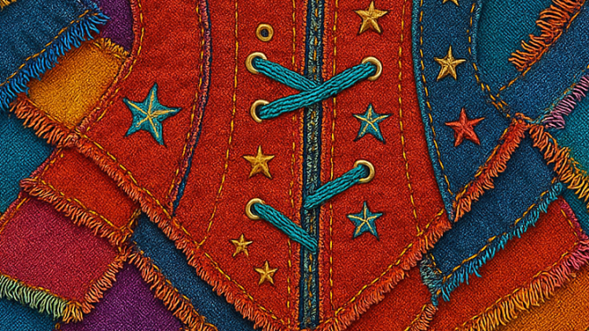 Colorful patchwork fabric pattern with stitching, stars, and a laced-up center.