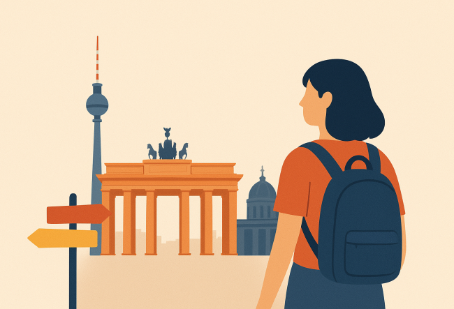 Girl with backpack, seen from behind, looking at Brandenburg Gate and TV Tower in Berlin