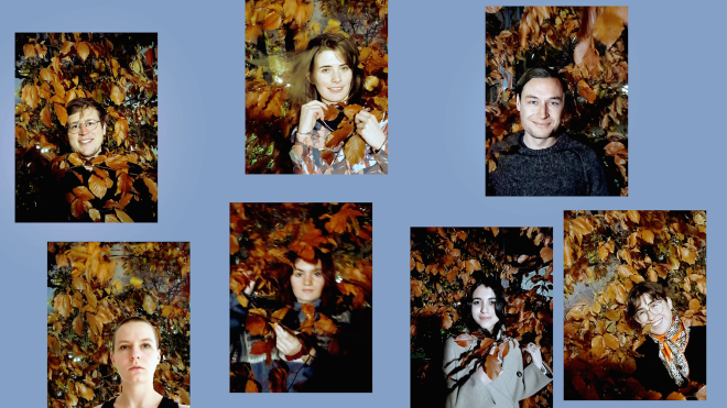 The group members of the TextTransit writing group and the leading author can be seen in portrait photos against autumn foliage.