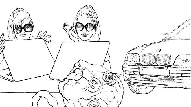 two persons with sunglasses, laptop and dog